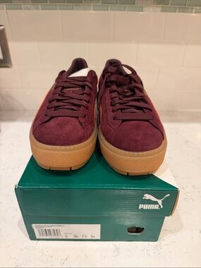 Puma Burgundy Suede Platform Sneakers with Gum Sole Orange Accent Size 7.5